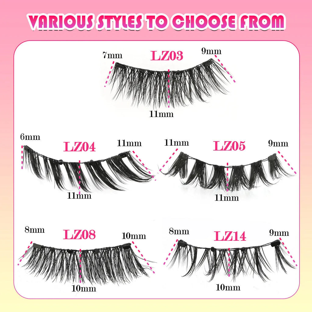 Glue-free reusable waterproof false eyelashes in thick artificial fibre, showing multiple style options.