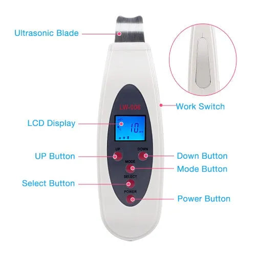 White ultrasonic skin cleaner with blackhead remover function, 28000Hz vibration, mild heating, ABS body, 1.75m cable.