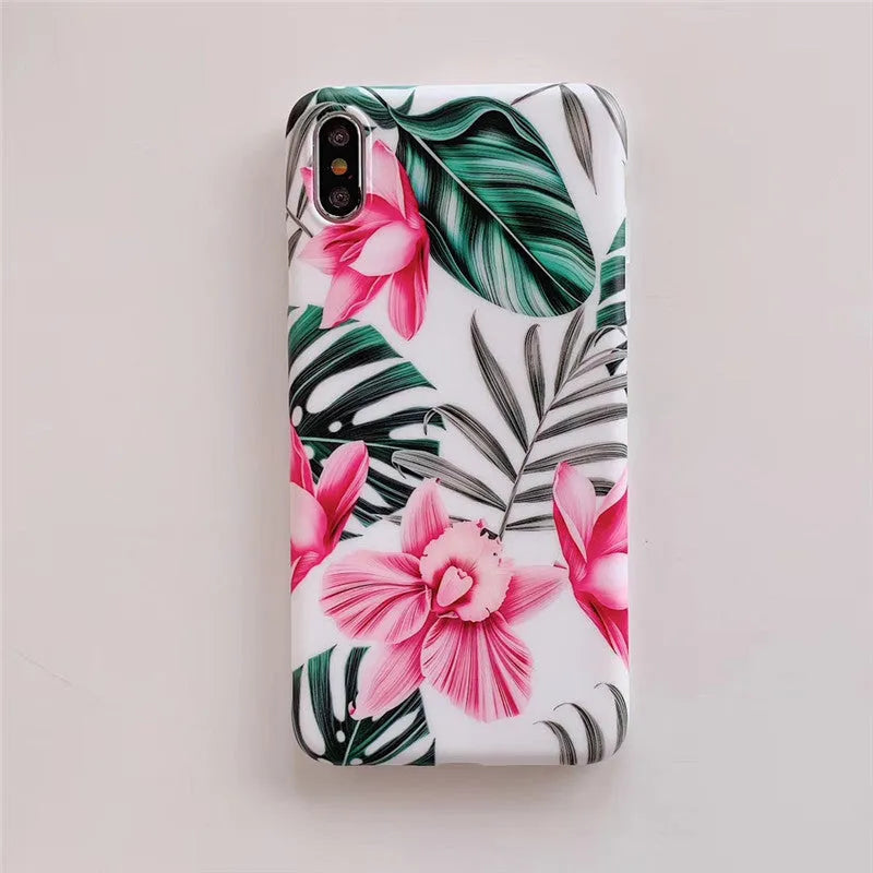 Pink floral pattern TPU phone case for iPhone models on white background