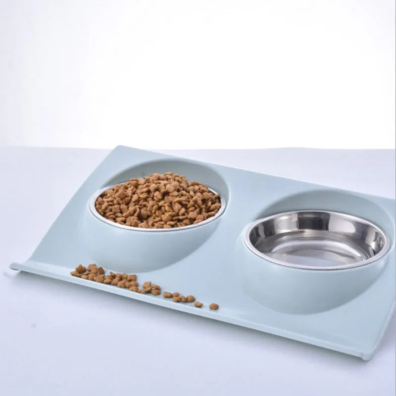 Stainless steel pet double bowl with PP raw material, medium 14.2 x 4 cm inner bowl, green pink blue options