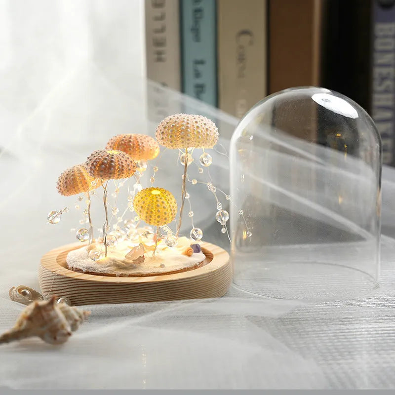 Handmade sea urchin shell jellyfish lamp with cylindrical glass cover and built-in battery, small night lamp