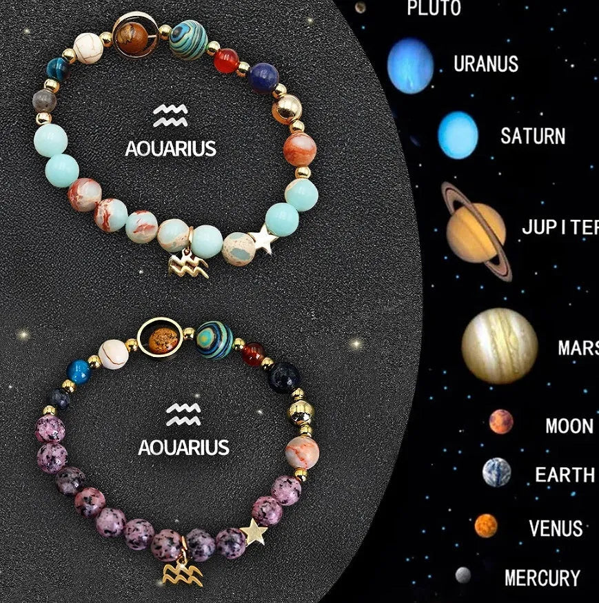 Two natural stone beaded bracelets on a stretch cord featuring zodiac sign charms.