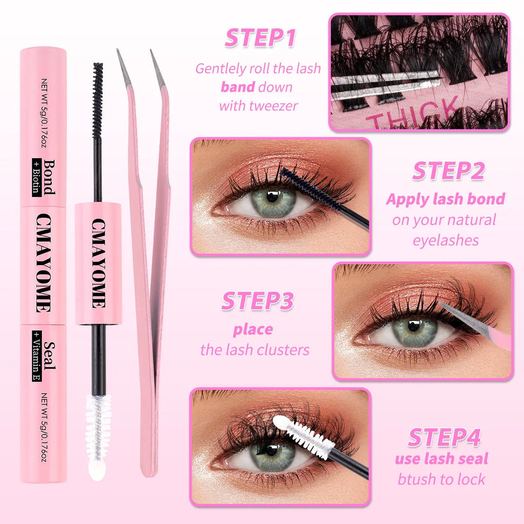 DIY single cluster false eyelash extension set with application tweezers