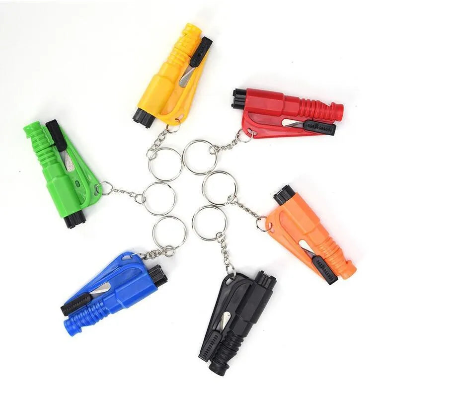 Mini emergency safety hammer keychain with metal firing pin, ABS body, approx. 73 x 34 x 15mm, keyring rescue tool