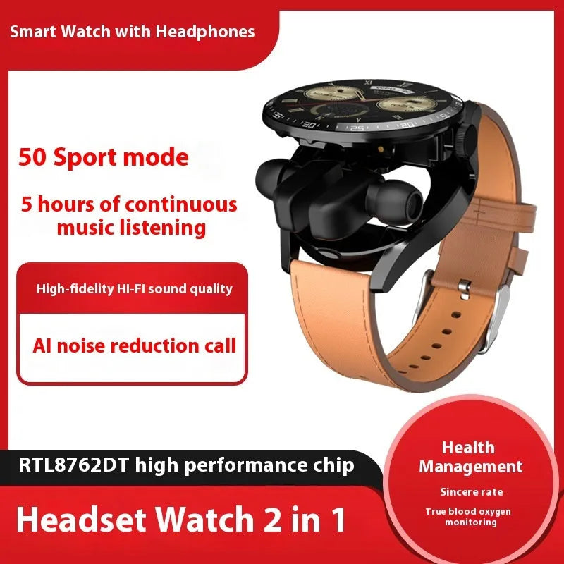 Black 2-in-1 Bluetooth headset smart watch with touch button, leather silicone or steel belt silicone strap options