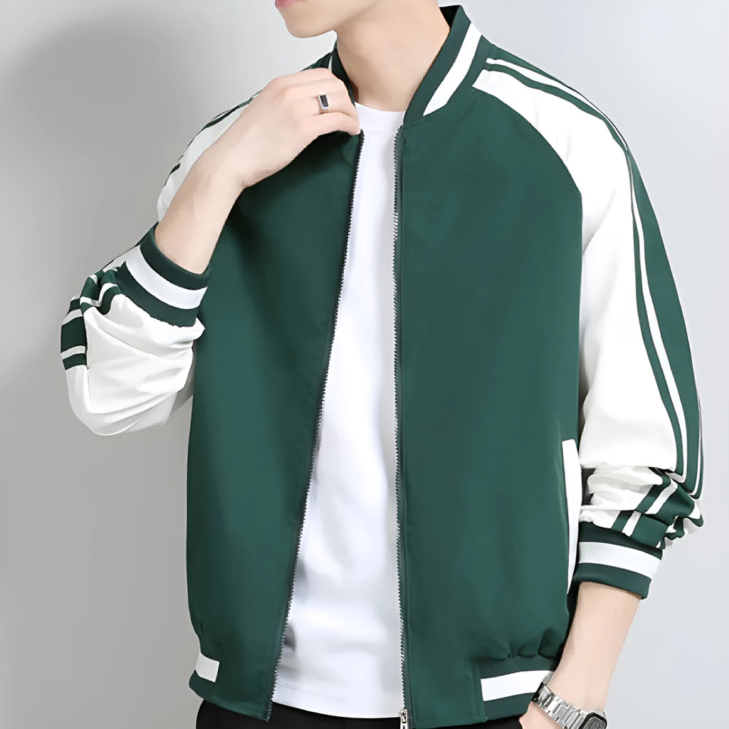 Men's striped baseball collar jacket in black, green or blue, sizes M to 5XL, polyester casual autumn winter outerwear