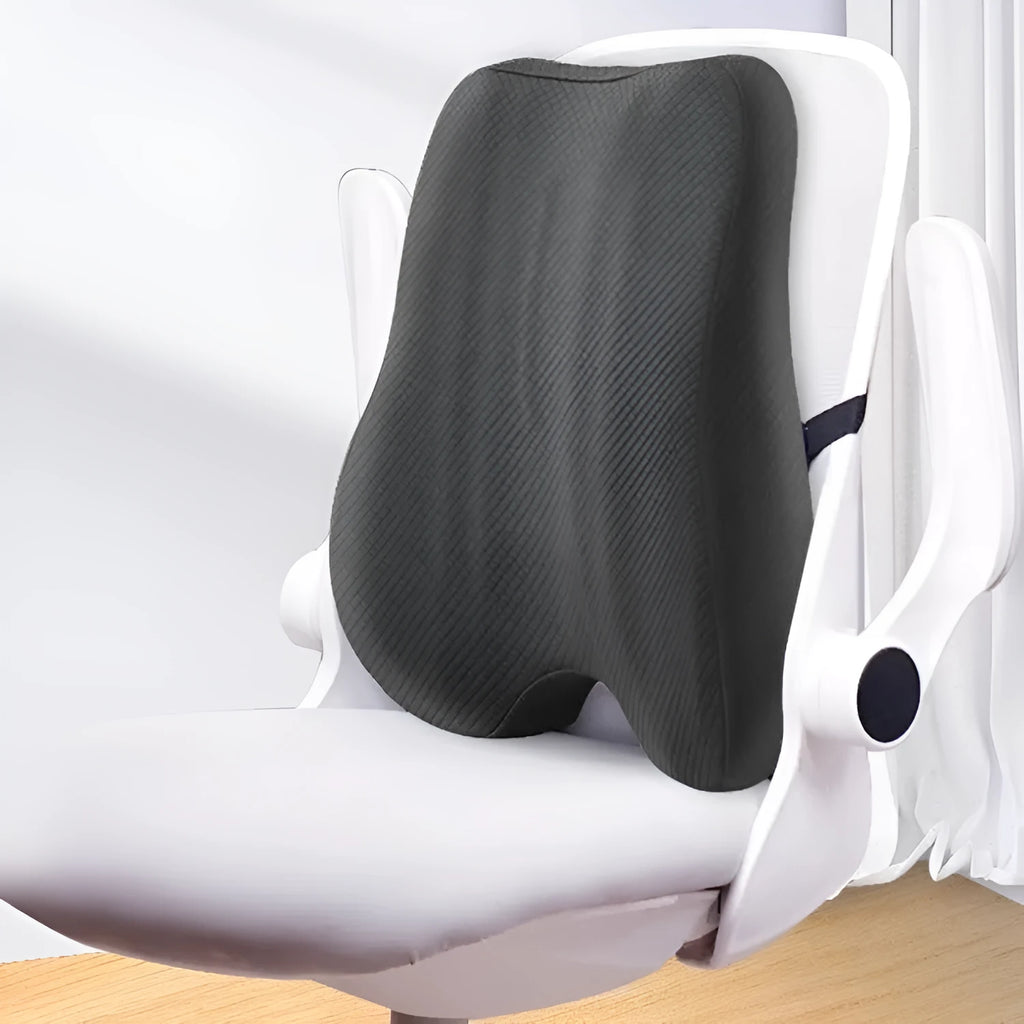 Grey lumbar support cushion for office chair, dimensions 40cm by 40cm by 8cm.