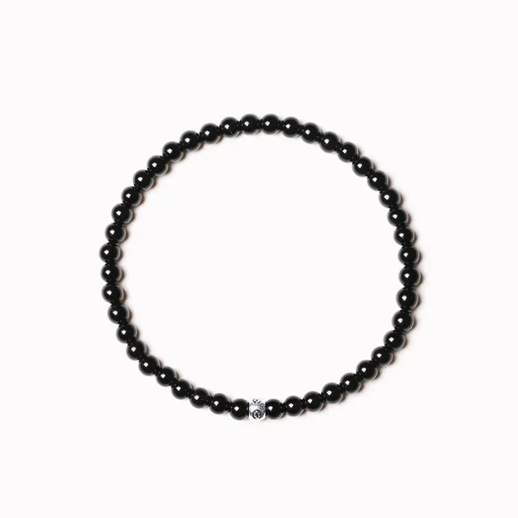 Geometric electroplated agate unisex bracelet with obsidian, blue san, and black agate 4mm beads.