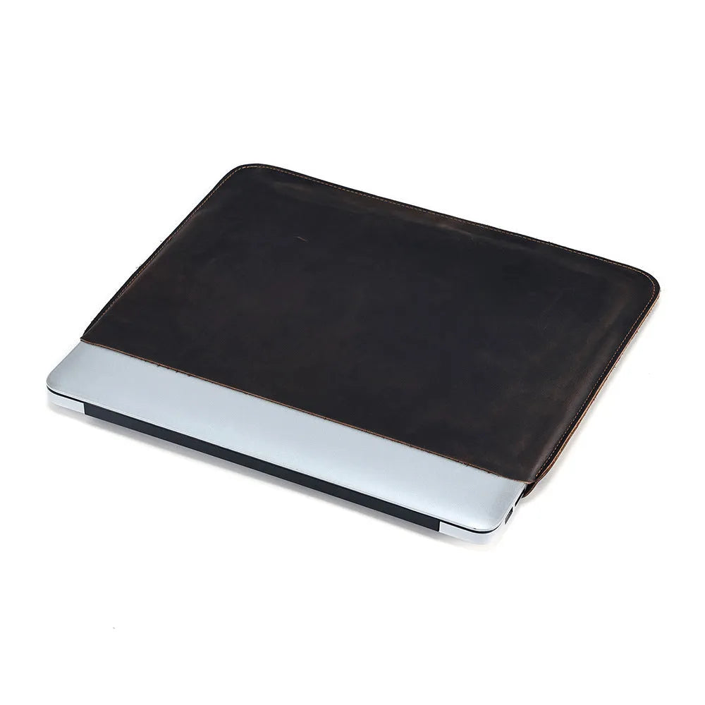 Brown genuine crazy horse leather computer bag with lined interior shown in medium and large sizes