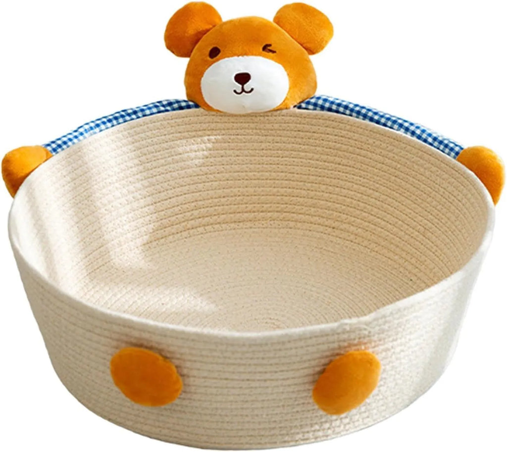 Cotton rope woven cat bed and scratching board in rabbit design showing basket shape with integrated scratching surface