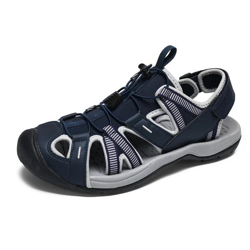 Men's blue and black casual sports shoes with mesh upper and Velcro strap.