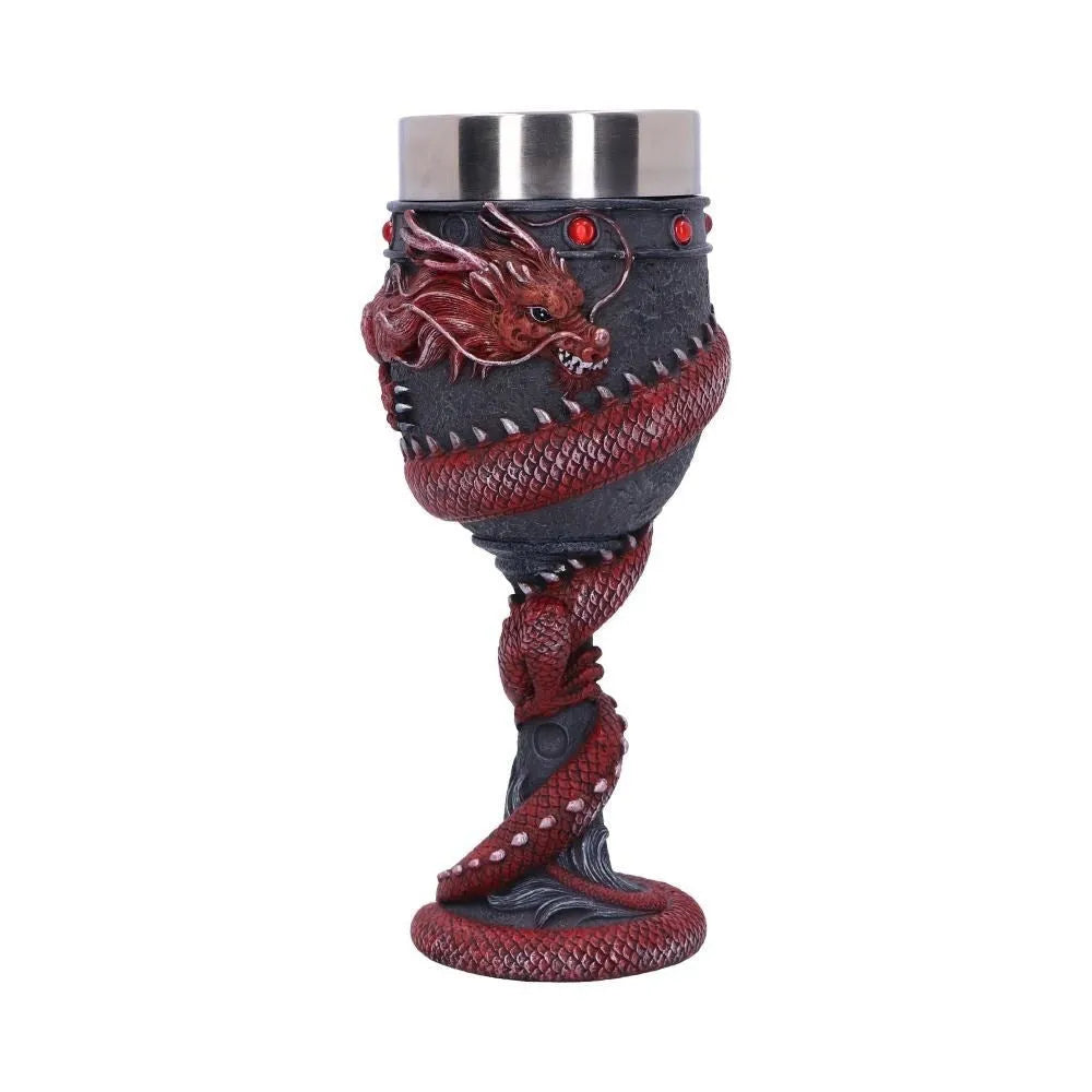 Stainless steel red wine glass with 3D Chinese dragon design in gold colour option