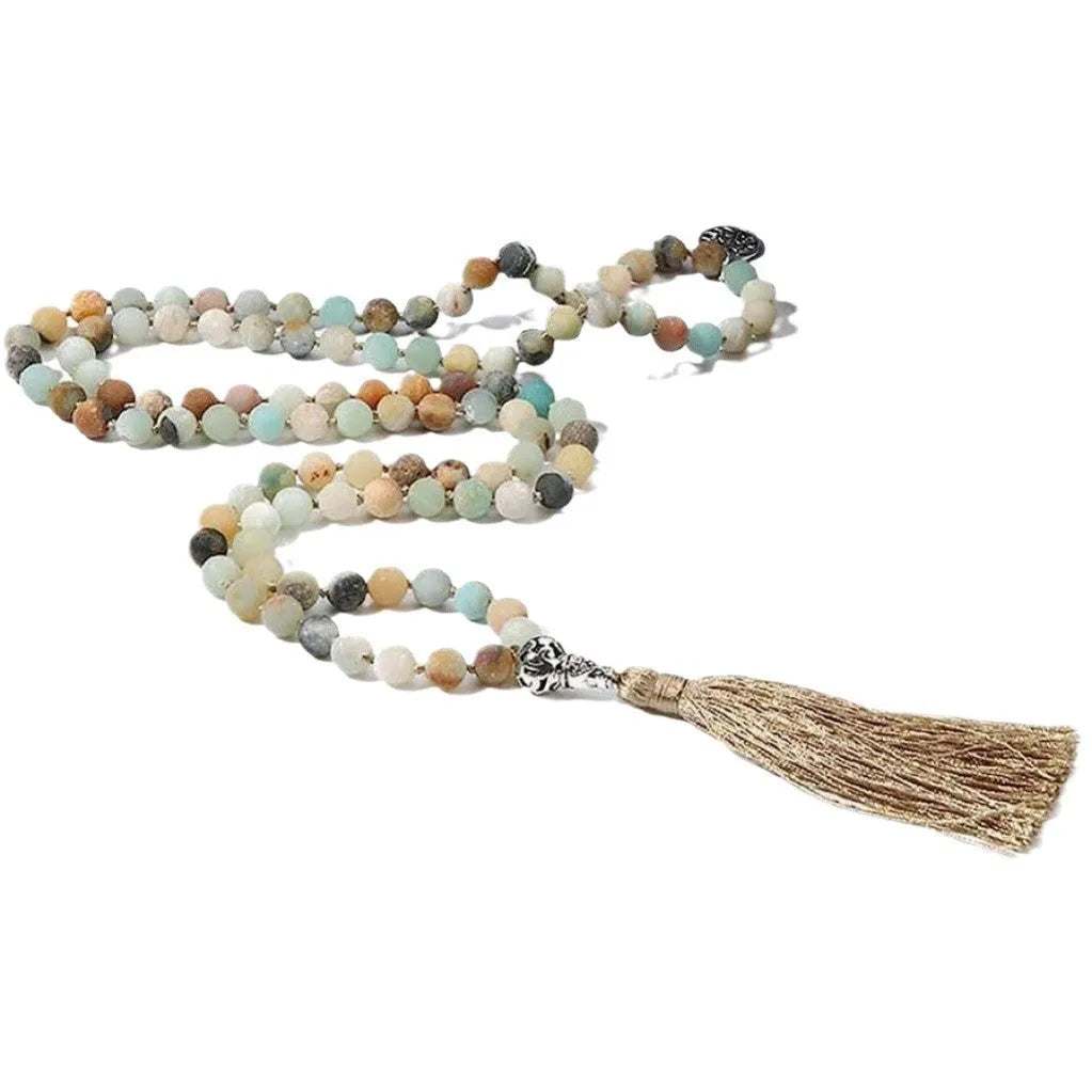 Handmade knotted beaded necklace with 108 stone beads on an 81cm chain