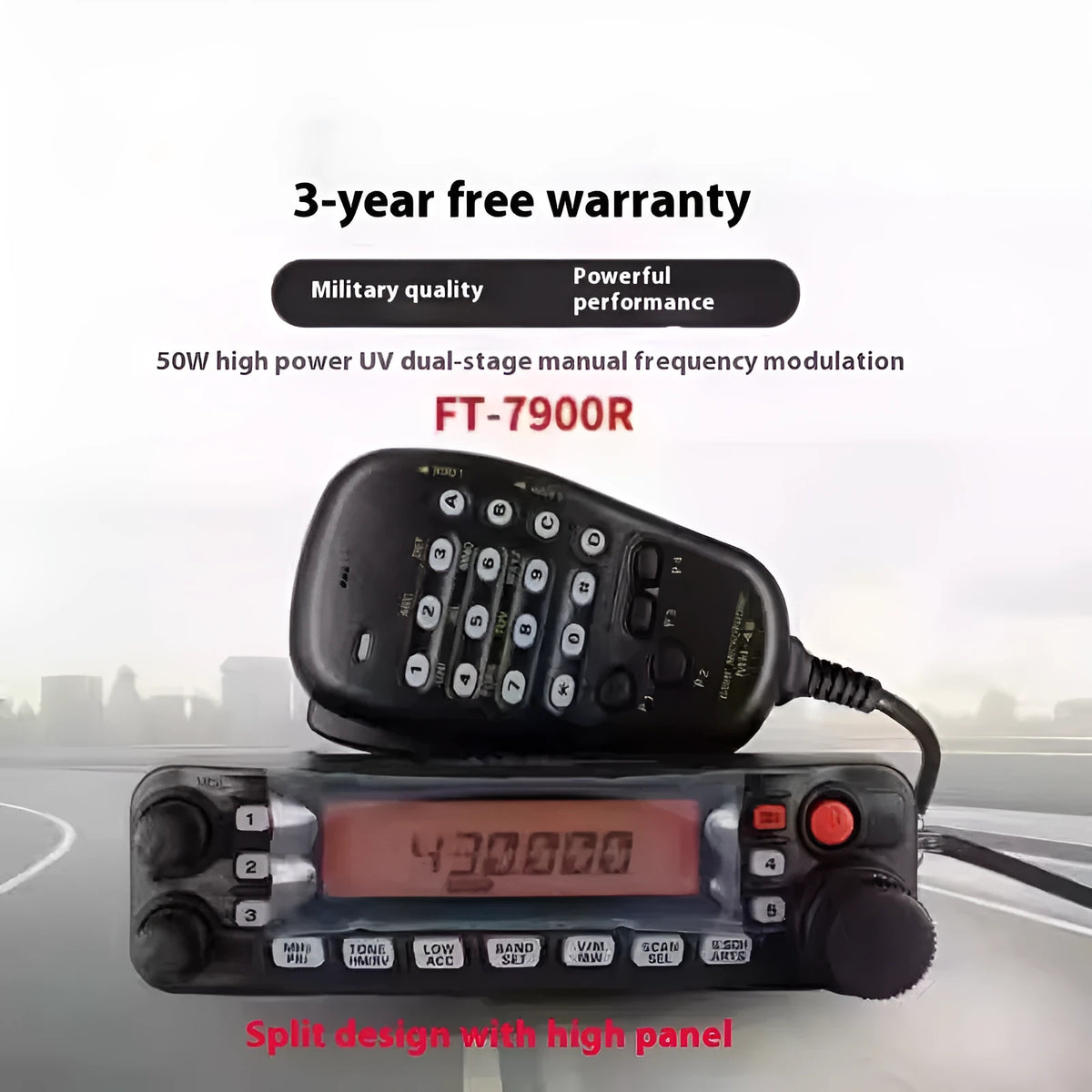 High-power car interphone walkie-talkie with 507 antenna and universal mounting clamps on a vehicle dashboard.