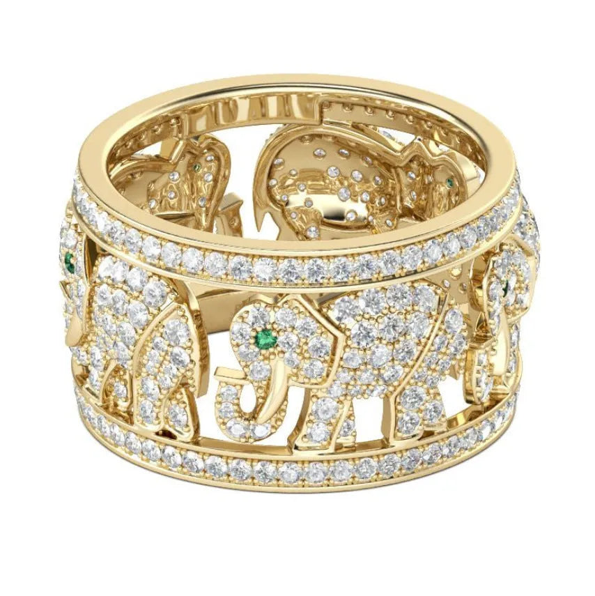 Close-up of an elephant design ring with sparkling diamond accents on an electroplated alloy band.