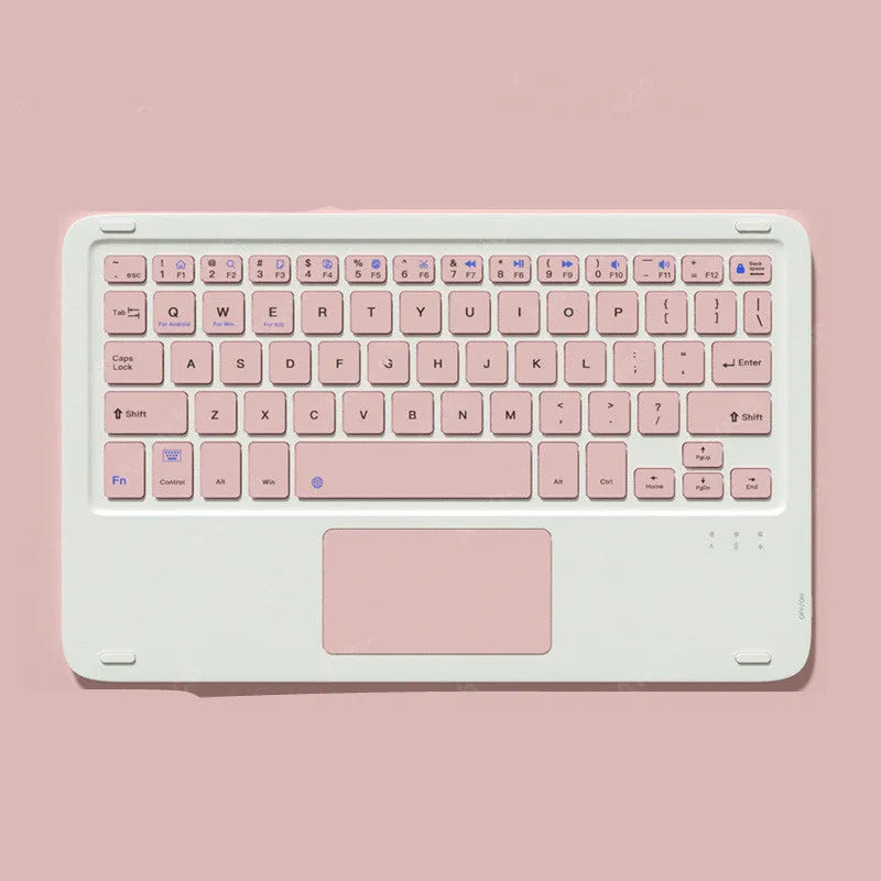 Pink wireless Bluetooth keyboard and silent rechargeable mouse set on a desk.