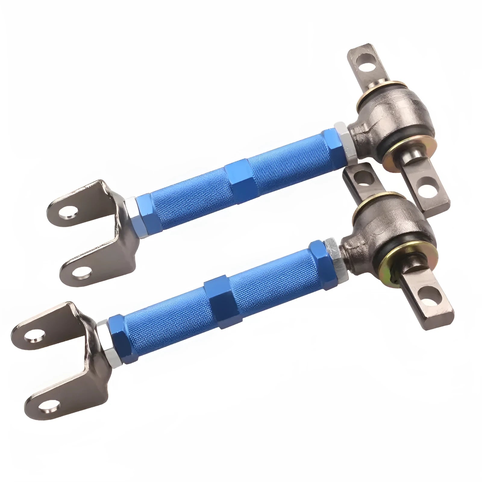 Blue and red aluminium alloy ES bone recliner components for Honda Civic EP3 rear suspension.