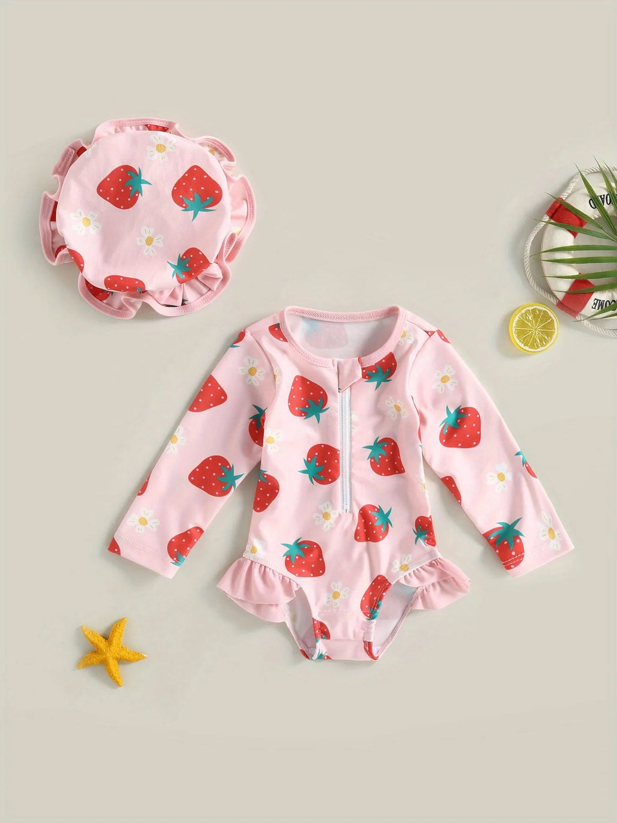 Baby girl one-piece swimsuit with matching hat in pink, light yellow or dark pink, sizes 6-9M to 2-3Y