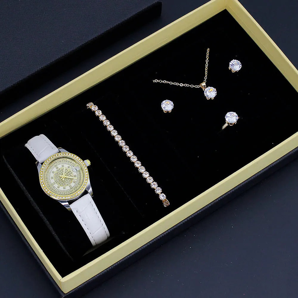 Ladies watch jewellery set gift box with white face white strap watch, bracelet, necklace, stud earrings, and ring