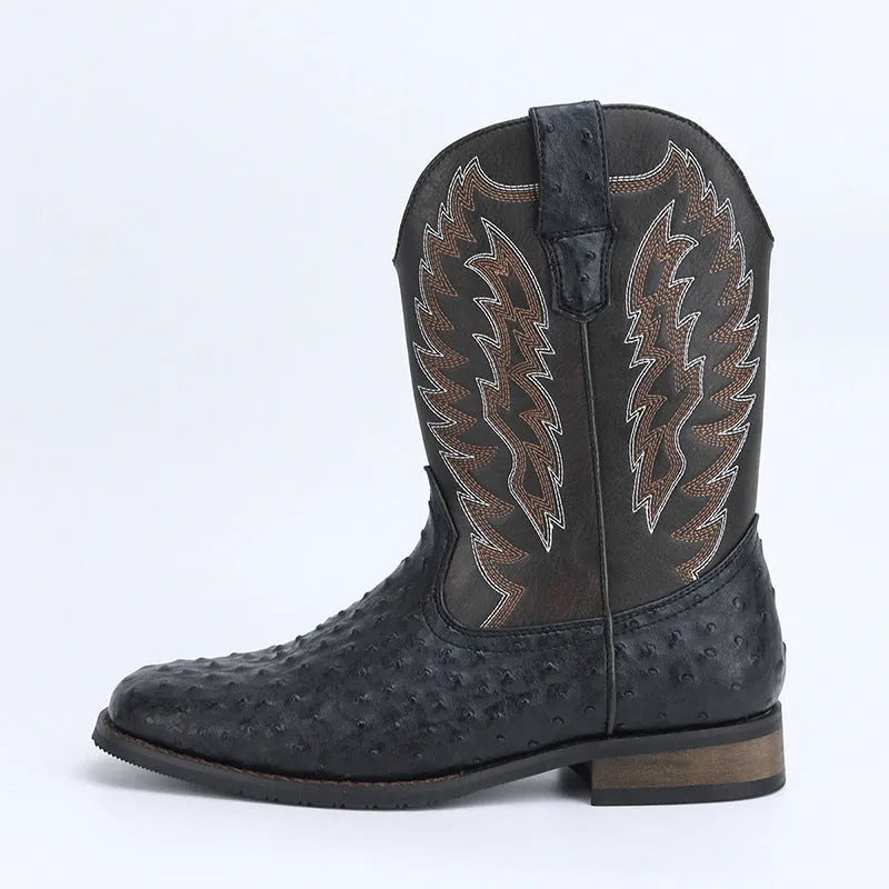 Men's black western-style square toe motorcycle boots with a rubber sole and mid-calf height.