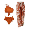 Women's brown push up bikini with high waist briefs and a matching sheer chiffon dress overlay.