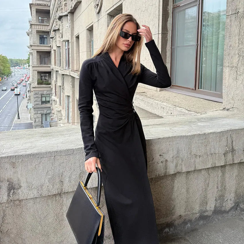 Simple all-matching black long sleeve dress for women polyester hip skirt casual wear