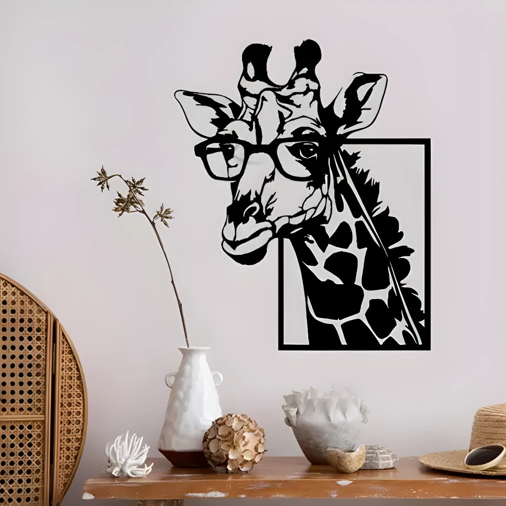 Black iron giraffe with glasses silhouette wall hanging, American country style decorative painting in 30x25cm, 45x37cm or 60x50cm.