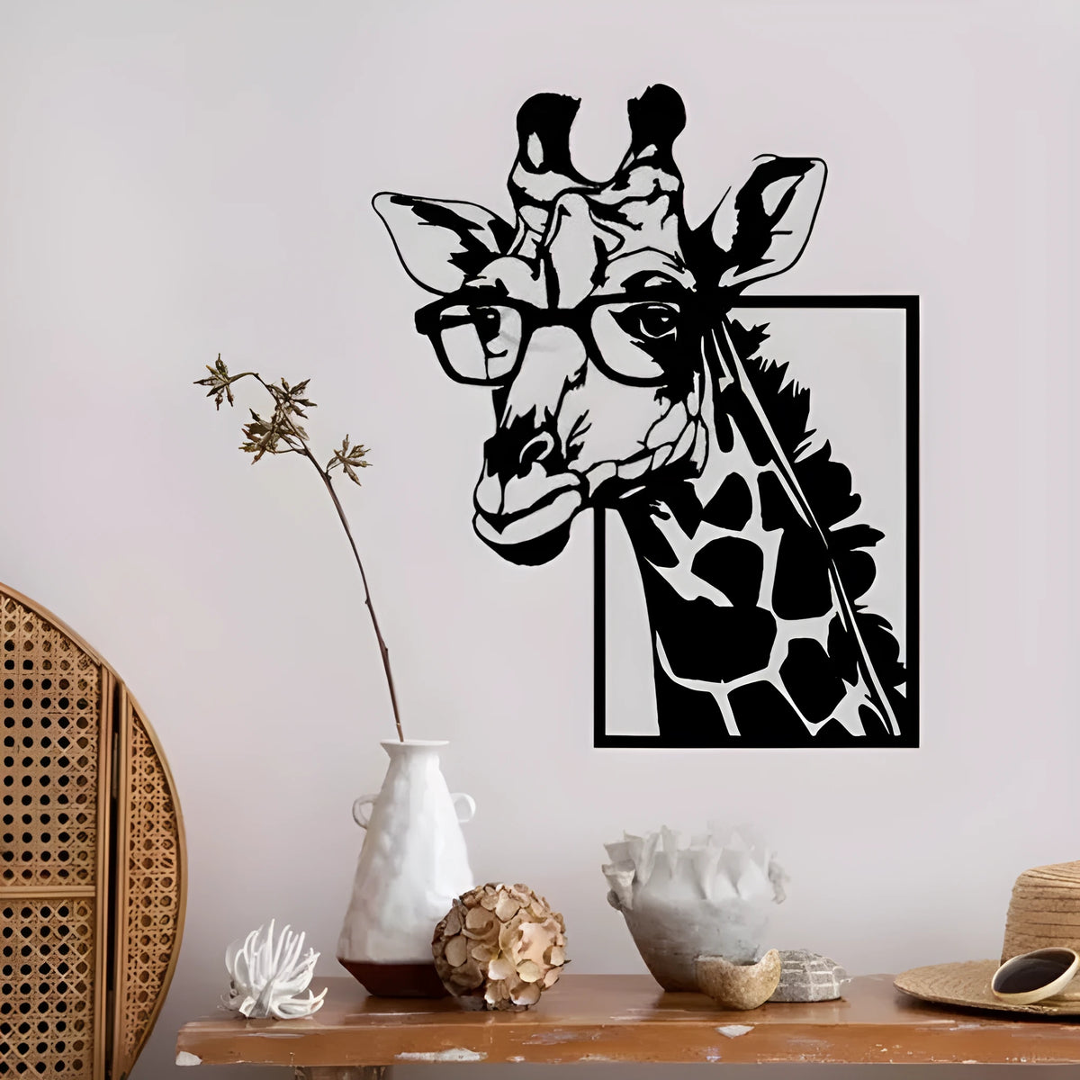 Black iron giraffe with glasses silhouette wall hanging, American country style decorative painting in 30x25cm, 45x37cm or 60x50cm.