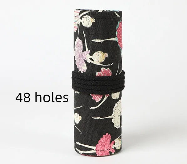 Square canvas rolling pencil case with ballet girl print design showing multiple pencil capacity options
