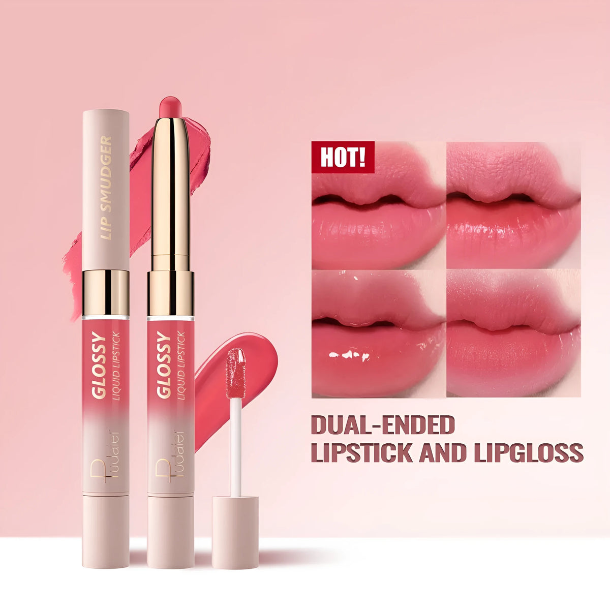 Double-headed matte finish lipstick lip gloss in one of ten colour shades with non-stick cup applicator.