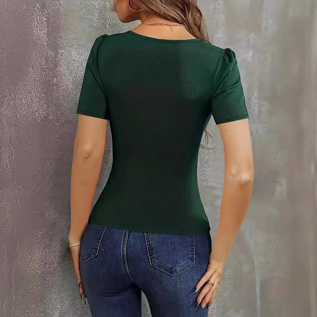 Women's wine red knitted short sleeve v-neck pullover top on hanger
