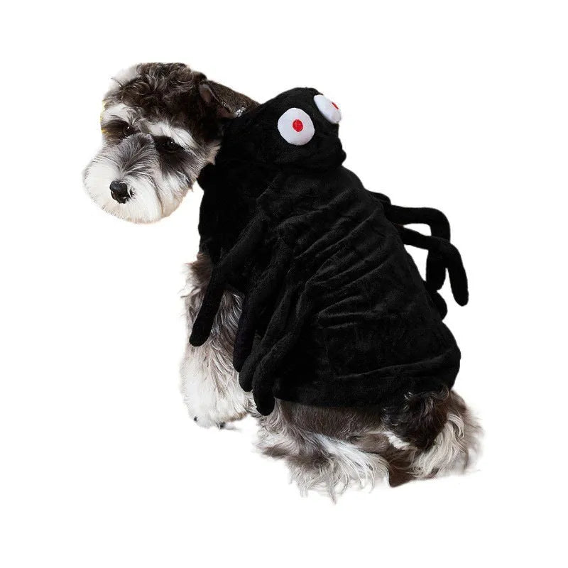 Dog wearing black spider pattern Halloween costume with polyester construction
