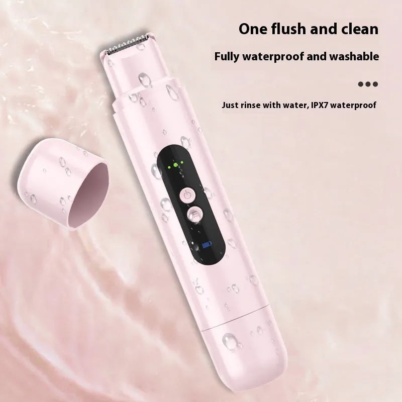 Pink and white portable electric body hair trimmer with USB cable and floating blade depilator