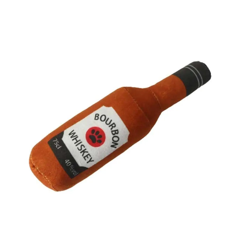 Soft plush pet toy in the shape of a wine bottle, shown in multiple colour options.