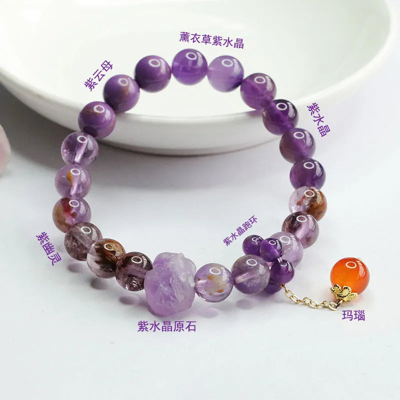 Natural nine purple multi-treasure crystal bracelet with amethyst and red agate beads
