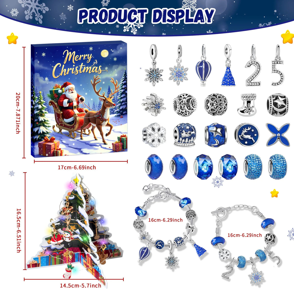 24 grid Christmas advent calendar countdown set with zinc alloy bracelet blind box in blue colourways
