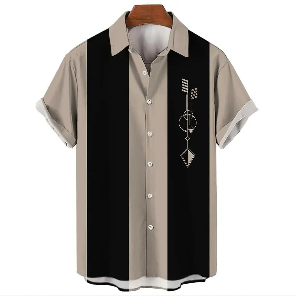 Men's striped Hawaiian casual shirt with button front and short sleeves in polyester fabric