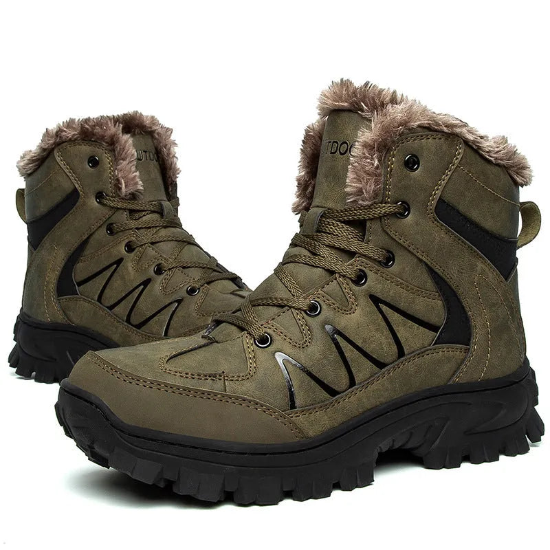 Men's plus size high top outdoor cotton shoes in black, cold-resistant cowhide upper, rubber sole, sizes 40-48
