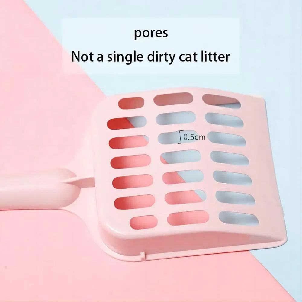 Blue plastic cat litter scoop showing length and sieve pattern for cleaning litter trays.