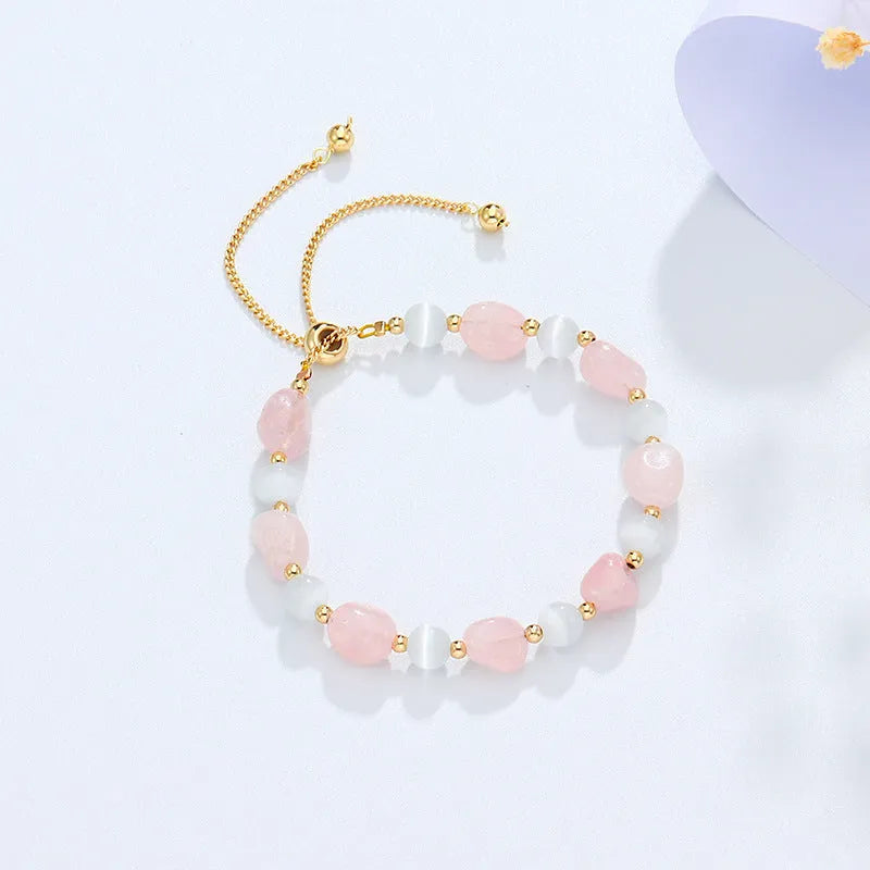 Women's crystal white opal beaded bracelet in amethyst, pink crystal, or black hair crystal with polished finish