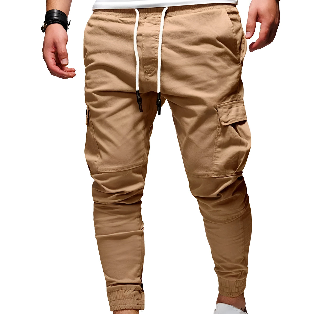 Men jogger pants loose fit cotton sweatpants multi-pocket drawstring waist black side view