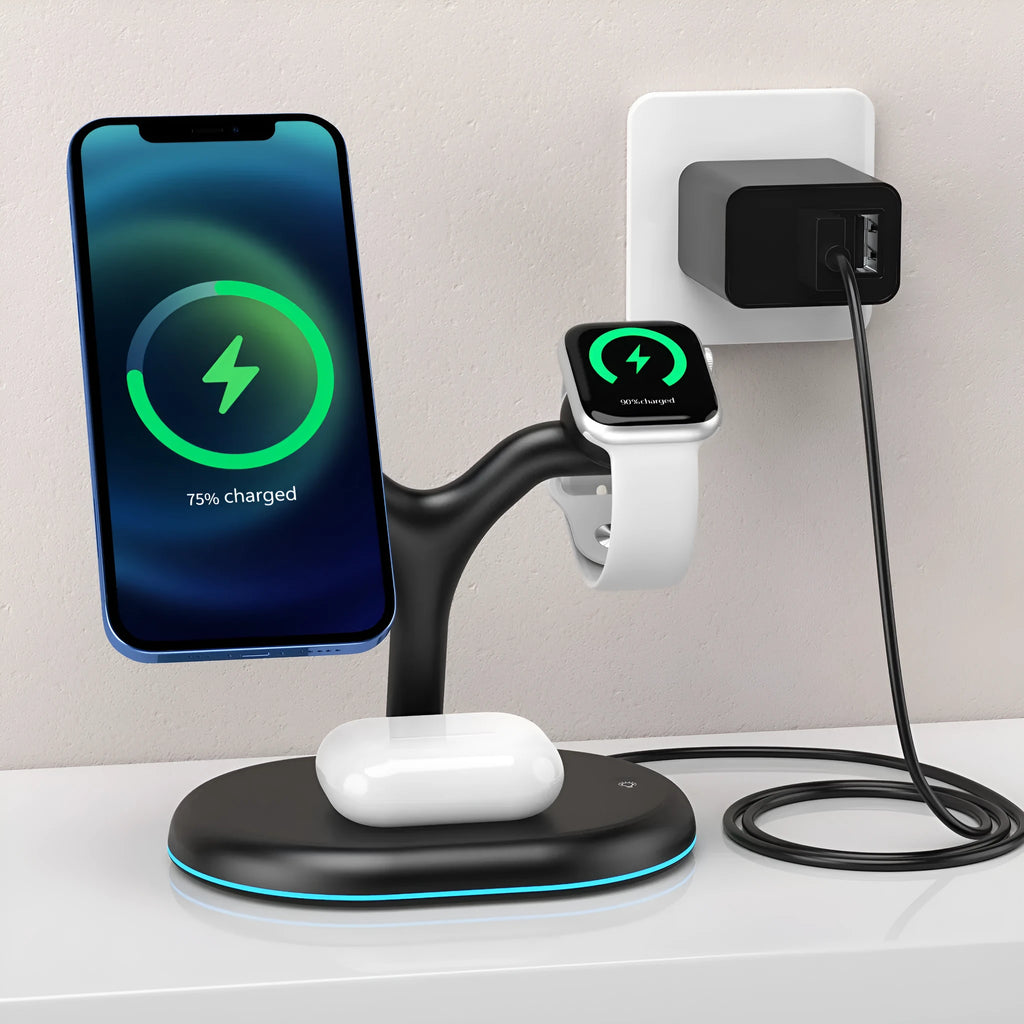 Black three-in-one magnetic wireless charging pad for smartphones and tablets.