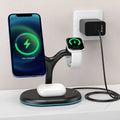Black three-in-one magnetic wireless charging pad for smartphones and tablets.