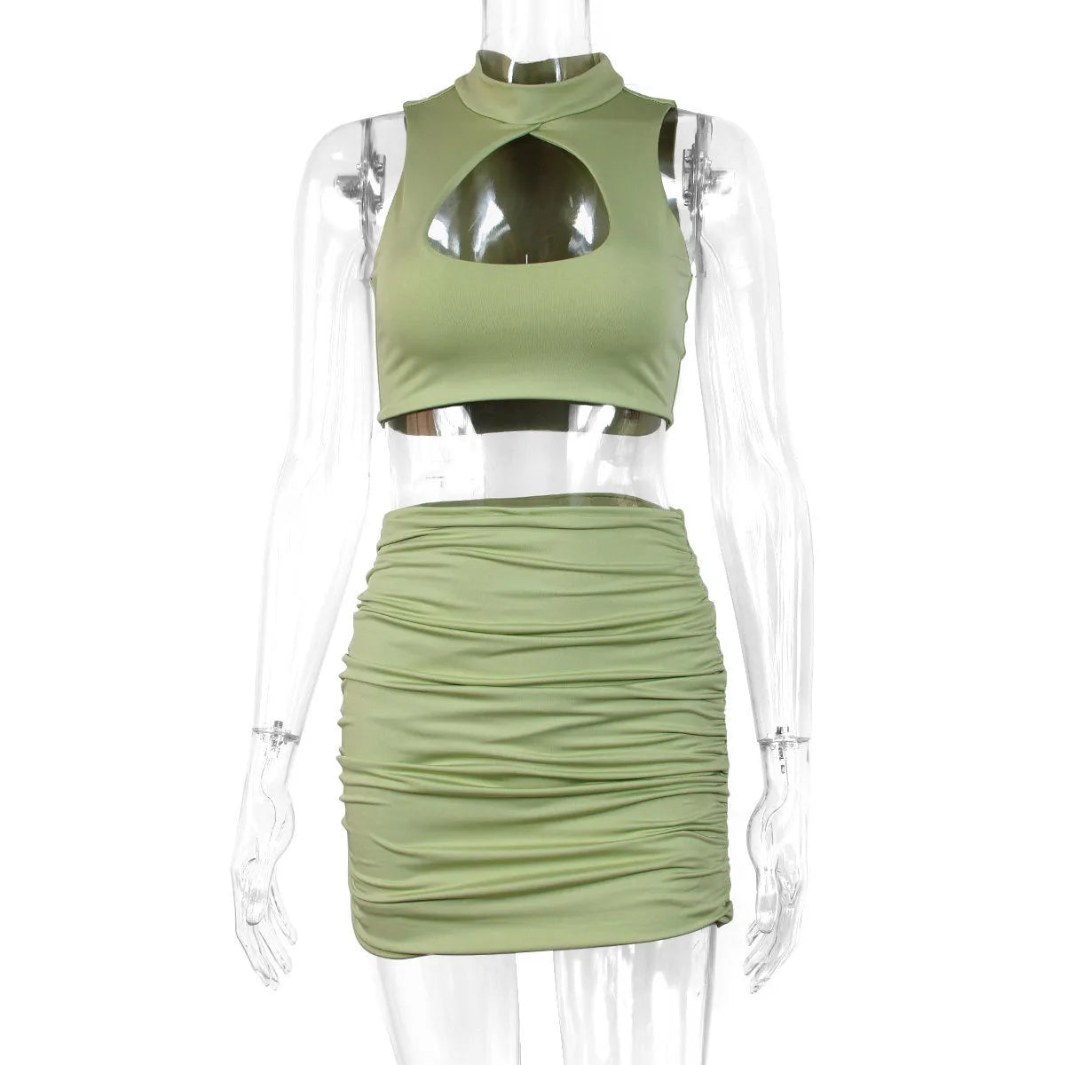 Light purple two-piece set with hollow vest top and hip skirt in elastic polyester fabric