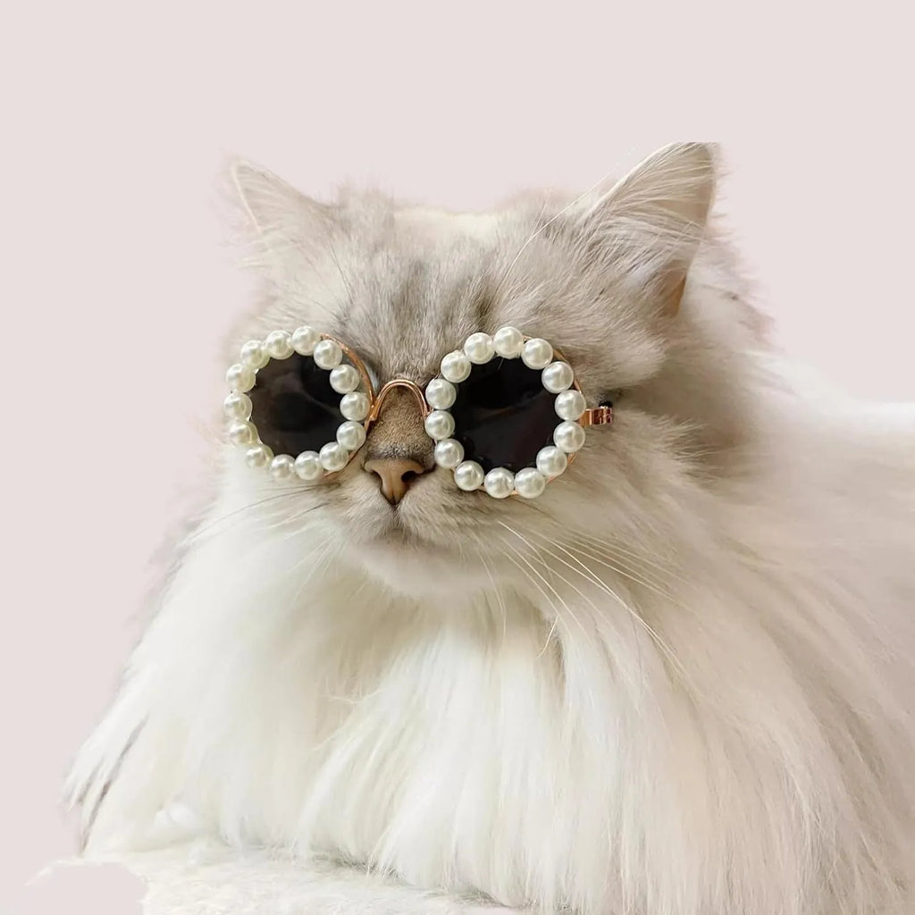 Round pearl-rimmed sunglasses for a dog or cat costume, shown in multiple colours.