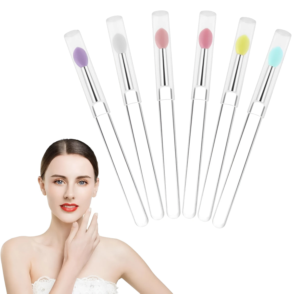 Set of reusable silicone lip brushes with protective caps in various colours on a pink background.