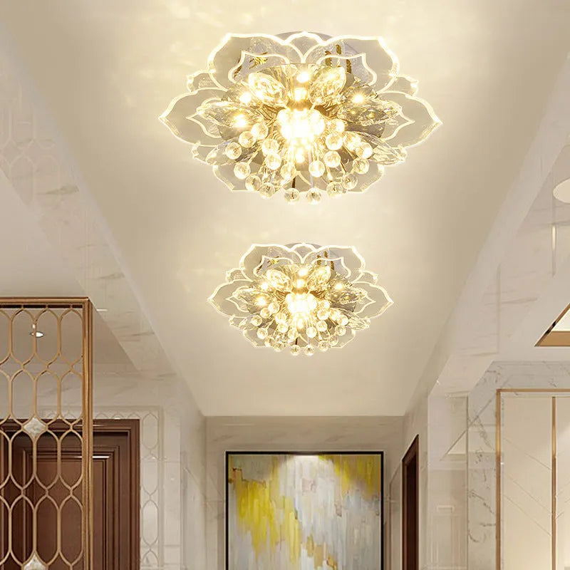 Modern minimalist crystal and acrylic ceiling lamp with stainless steel frame and flower-shaped shade design