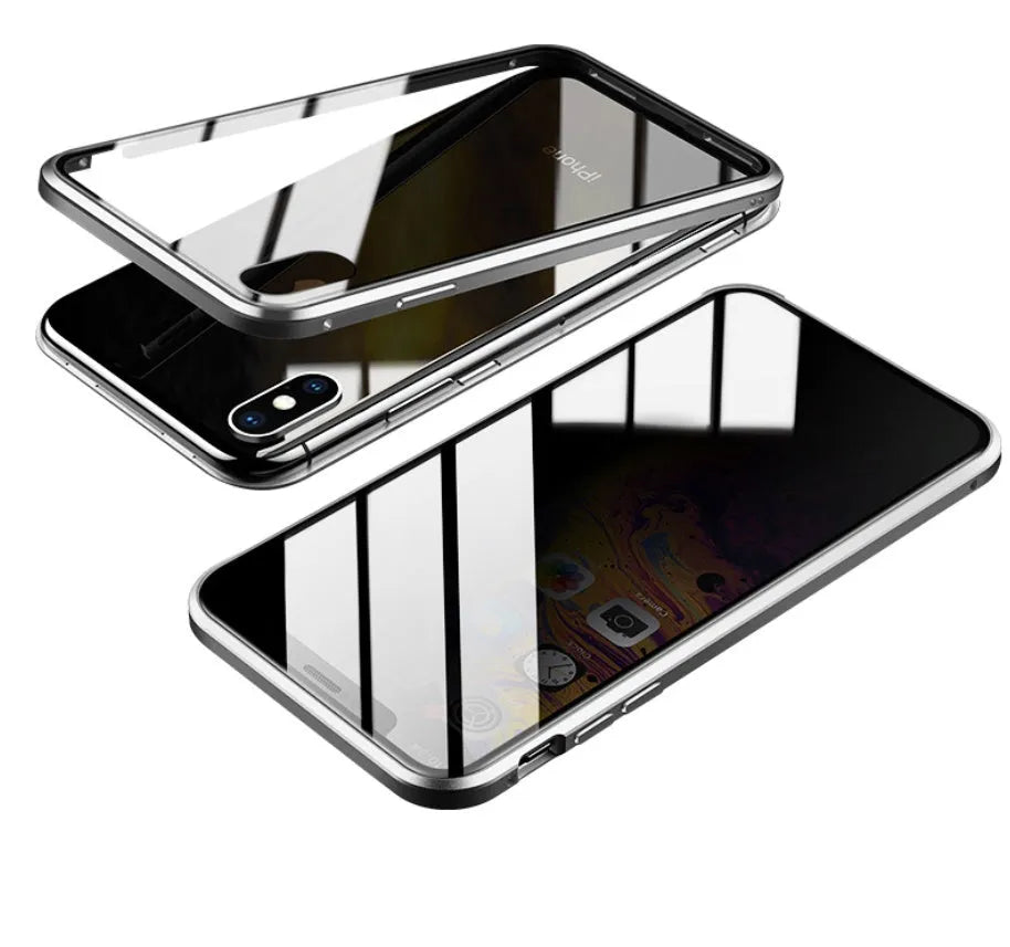 Machined glass anti-spy clamshell case for iPhone in black, silver, red, gold, green, or blue.