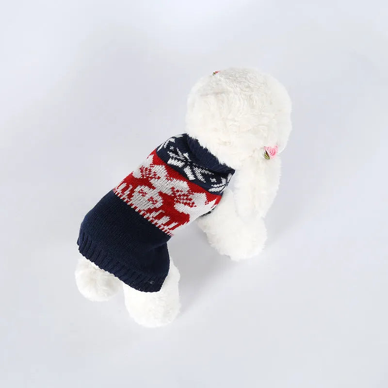 Navy blue knitted Christmas dog jumper on small to medium breed