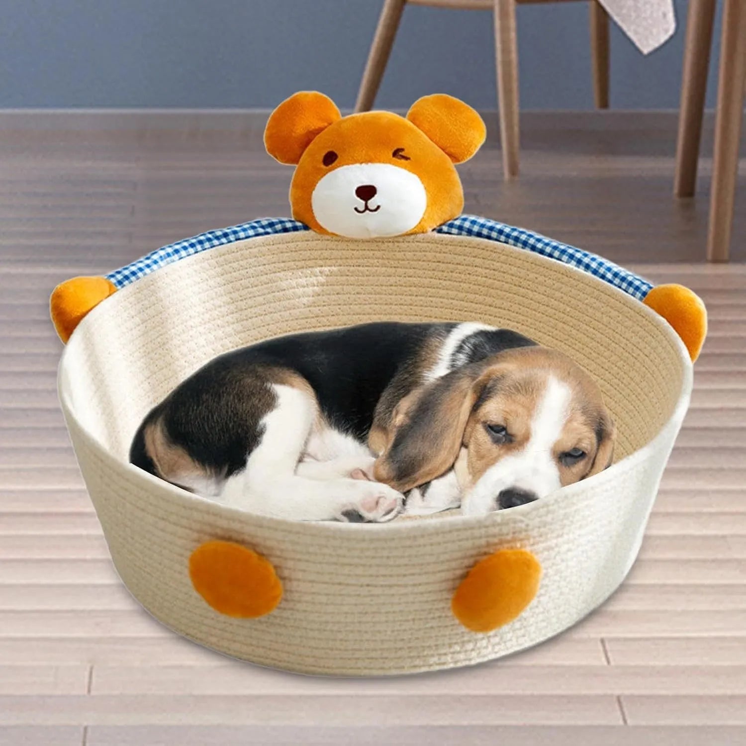 Cotton rope woven cat bed and scratching board in rabbit design showing basket shape with integrated scratching surface